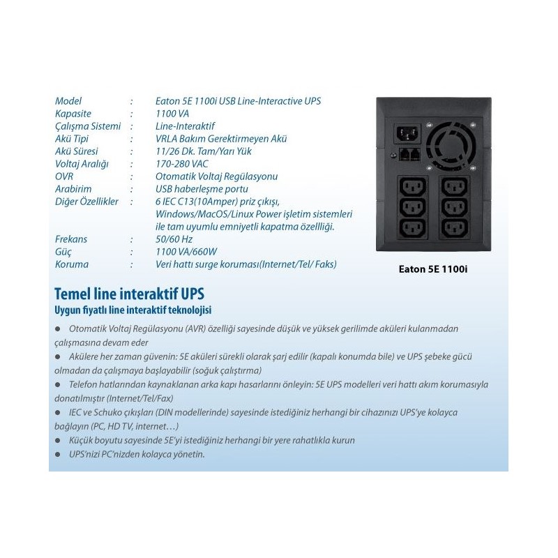 5E1100IUSB Eaton 5E 1100 VA Line-Interactive UPS (USB) / Resim - 1